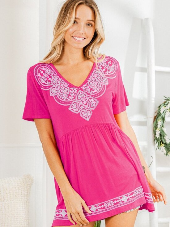 Tops - B65 SHORT SLEEVE V NECK SOLID WITH DAMASK PRINT TOP FUSCHIA PINK NEW
